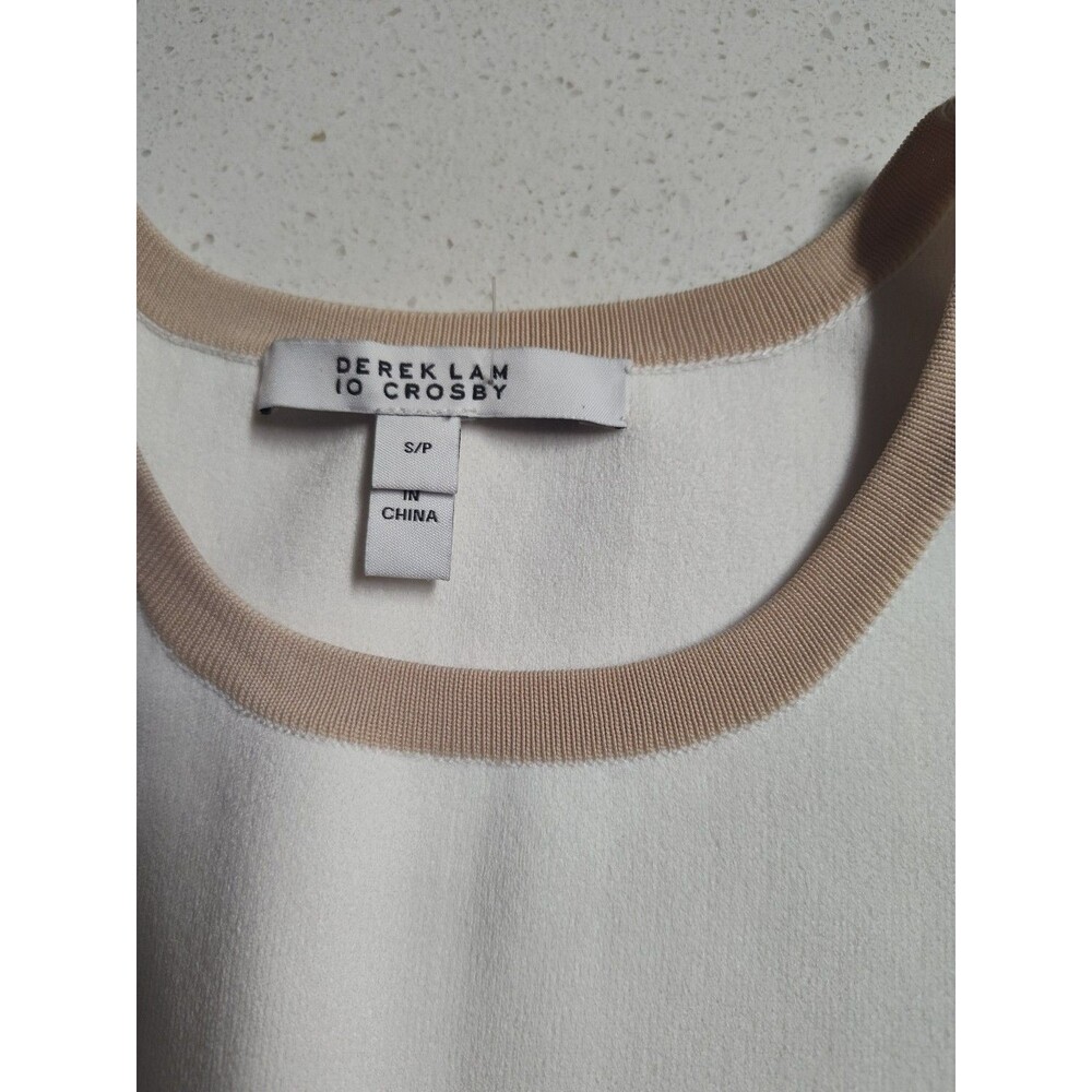 Derek Lam 10 Crosby Sleeveless Ivory Knit Dress Asymmetrical Hem Taupe Edging - Picture 7 of 10